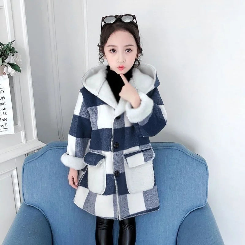 Fashion Girls clothing Jackets Autumn Winter parka Clothes Medium Long coat windbreaker Plaid Thicken Lamb Children Woolen Coats