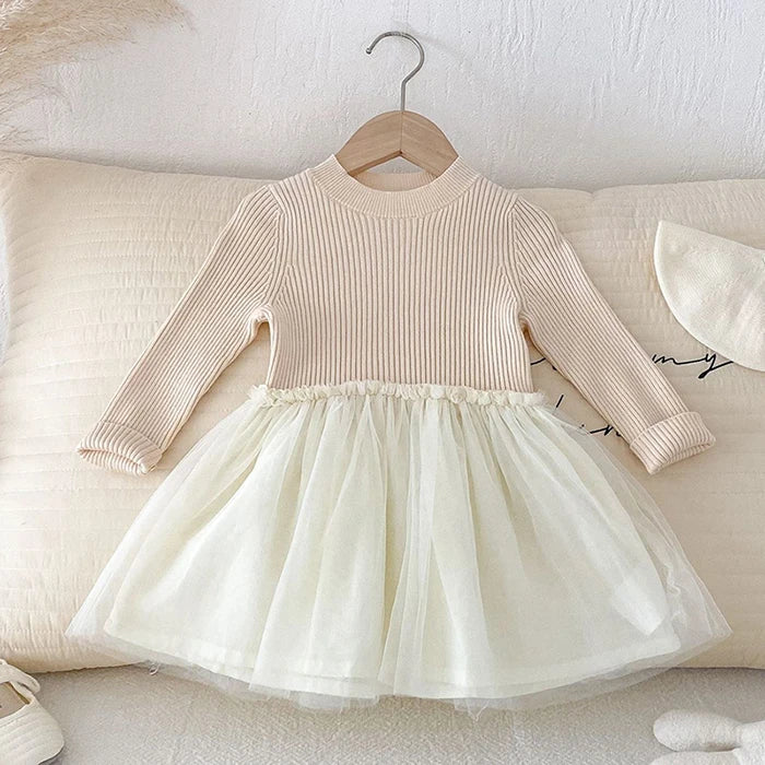 2025 New Autumn European American Style 1-6Yrs Baby Girl Party Dress Long Sleeved Knitted Mesh Splicing Kids Princess Dresses