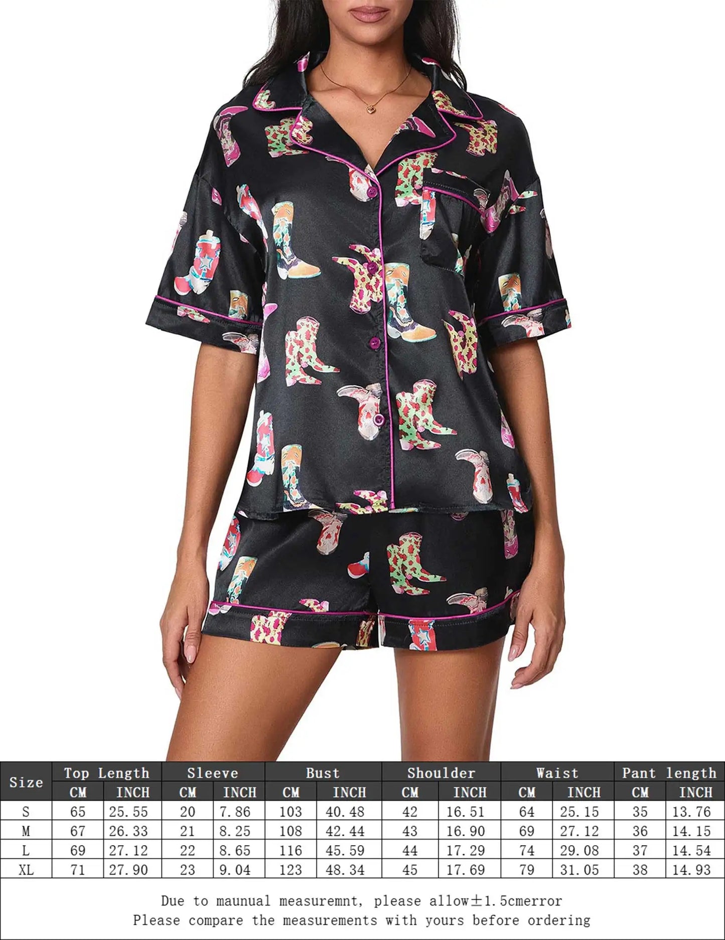 Women 2 Piece Boots Graphic Pajama Set Satin Sleepwear