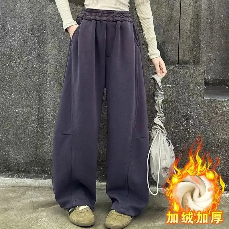 Girls Warm Wide Leg Pants Winter Kids Thick Fleece Lined Trousers Autumn Fashionable Drawstring Sweatpants Children Casual Pants