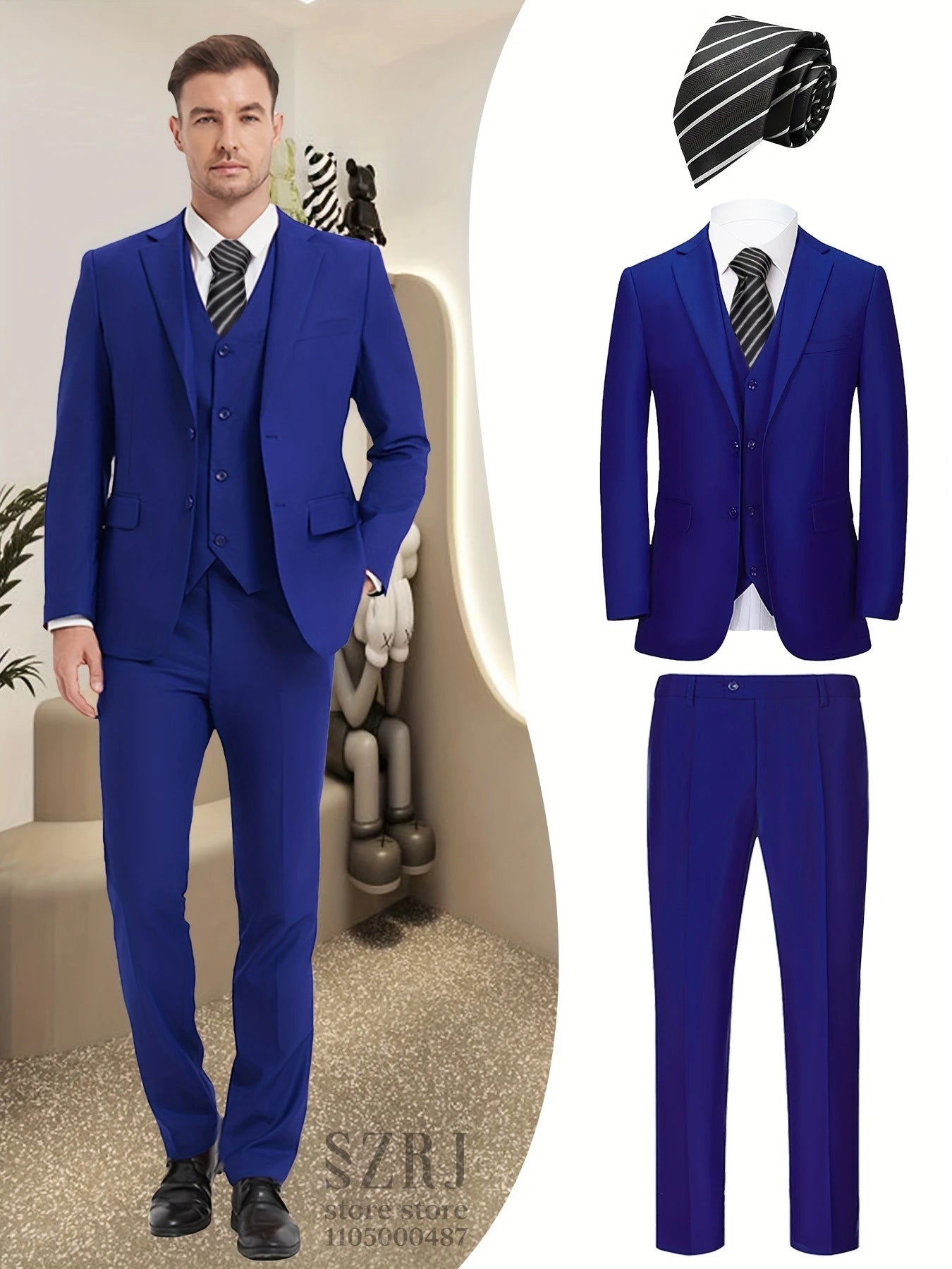 Men's 4-Piece Suit: Jacket+Vest+Pants+Black Tie. V-Neck, Gentleman Style, Premium, Tailored. For Business, Parties, Weddings.