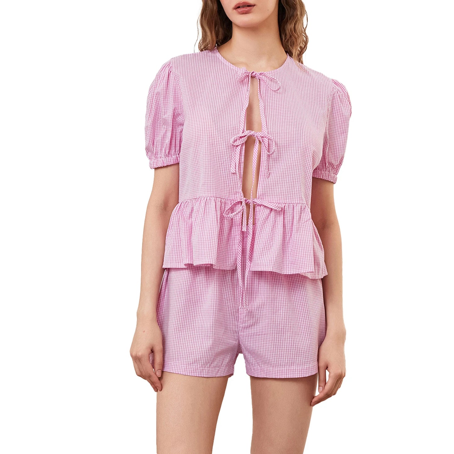 Women’s Casual 2 Piece Outfits Puff Sleeve Tie Knot Front Tops Shorts Set Loungewear