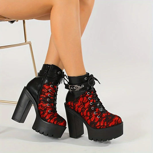 Women's Y2K Goth Punk Platform Ankle Boots Fashion Block Chunky High Heels Buckle Lace-Up Side Zipper Party Cosplay Boots Woman