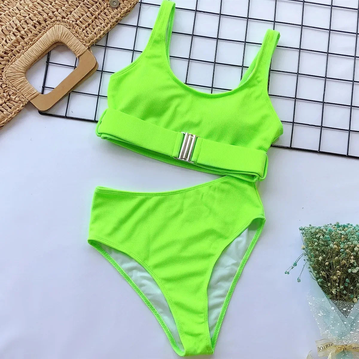 Sexy Neon Green Bikini Set 2022 Women Push Up Buckle Push Up Swimsuit Summer Solid White Bathing Suit Beach High Waist Swimwear