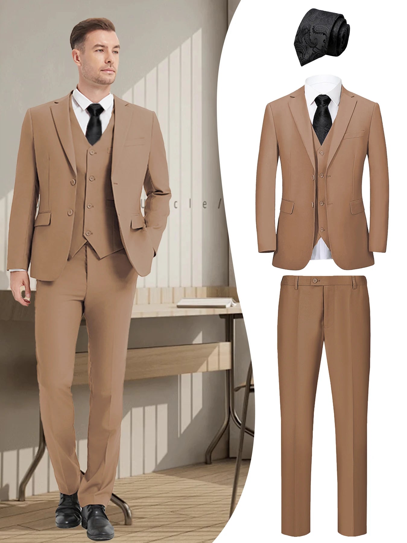 Men's 4-Piece Suit: Jacket+Vest+Pants+Black Tie. V-Neck, Gentleman Style, Premium, Tailored. For Business, Parties, Weddings.