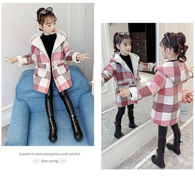 Fashion Girls clothing Jackets Autumn Winter parka Clothes Medium Long coat windbreaker Plaid Thicken Lamb Children Woolen Coats