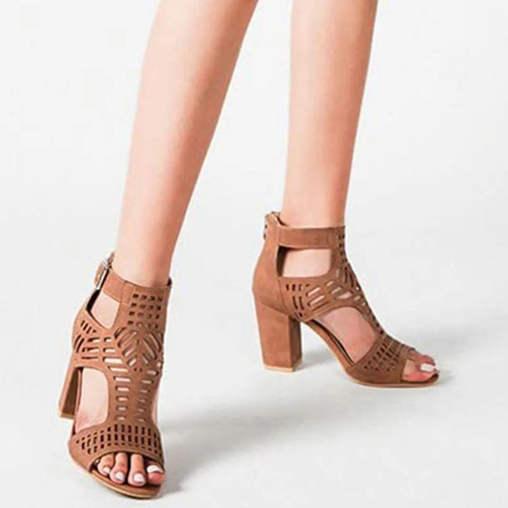 DoraTasia New Fashion Concise Women's Buckle High Heel Sandals Retro Hollow Out Design Chunky Heel Nightclub Ladies Sandals