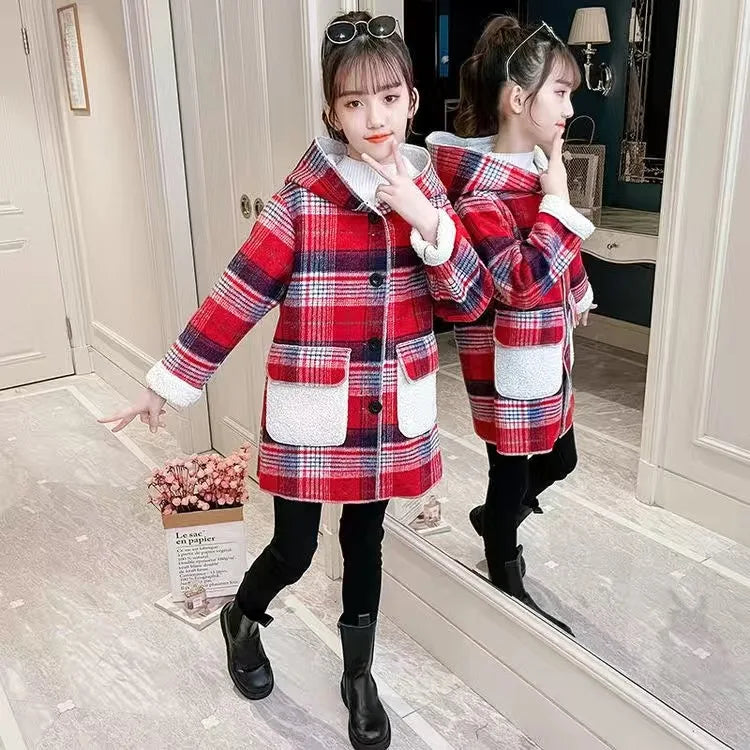 Fashion Girls clothing Jackets Autumn Winter parka Clothes Medium Long coat windbreaker Plaid Thicken Lamb Children Woolen Coats