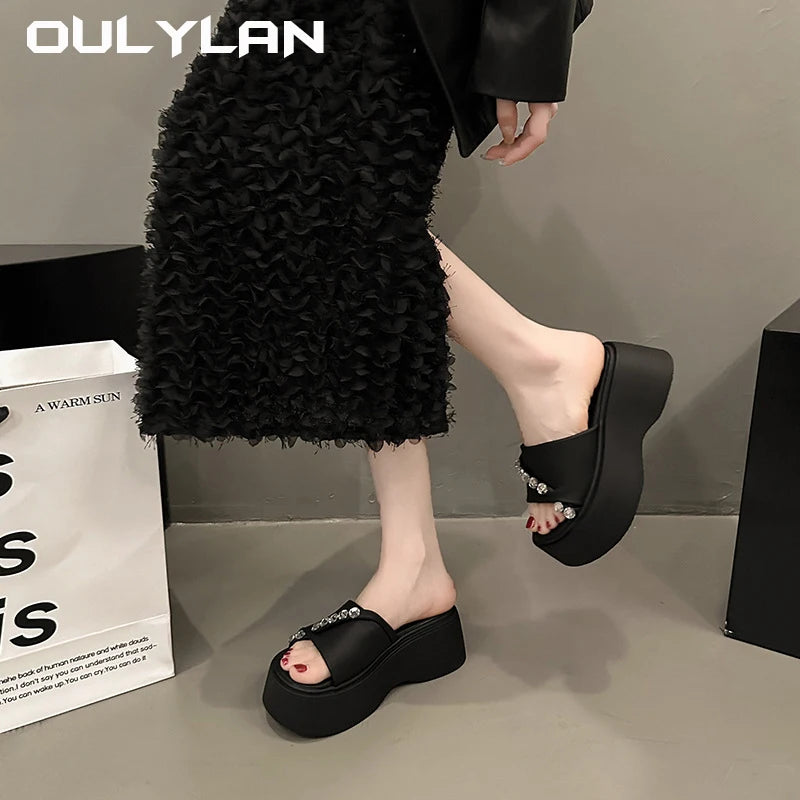 2024 Rhinestones Summer Sandals for Women Fashion Outdoor Wear Slippers high-end Thick Soled Shoes Ladies Elegant Beach Sandals