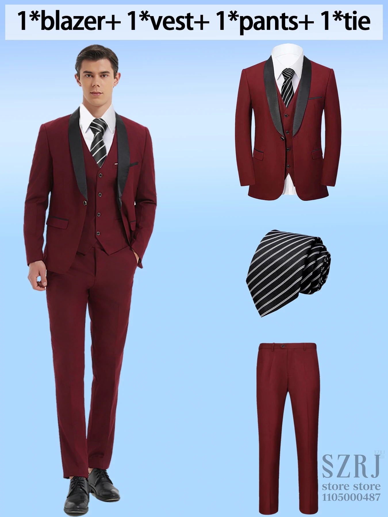 4pcs Men's Suit: Blazer, Vest, Pants, Black Tie.  One Button, Plain Color Tuxedo. Regular Fit. For Wedding, Groomsman Attire.