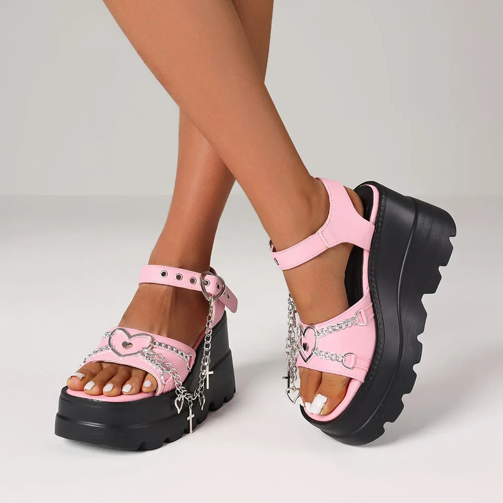 Women's Y2K Platform Goth Summer Sandals Fashion Punk Heart Chain Wedges High Heels Casual Party Street Thick Bottom Sandals