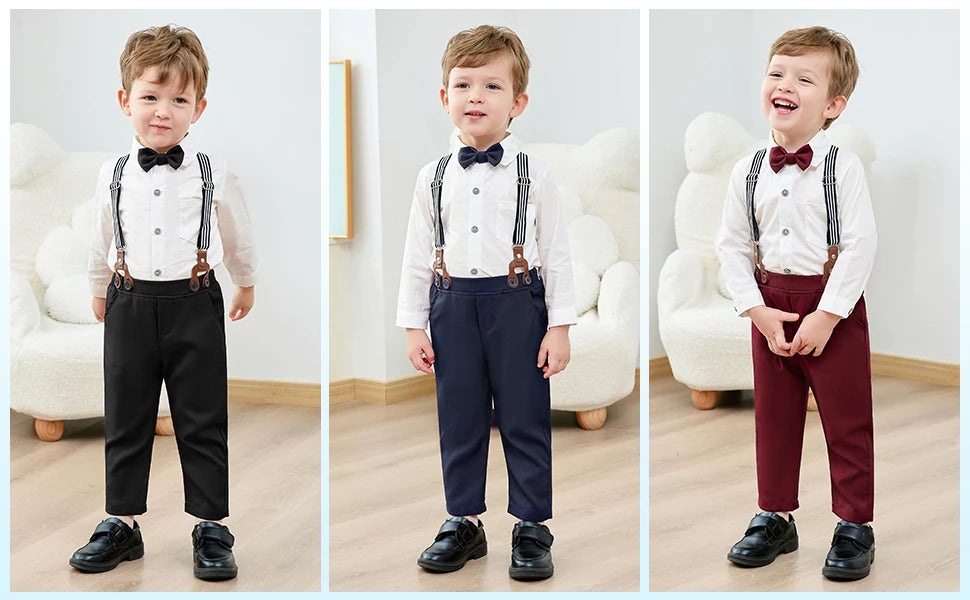 Toddler Boy Suit 5Pcs Formal Gentleman Outfits, Dress Shirt+Bowtie+Jacket+Suspender Pants Wedding Party Clothes Suits