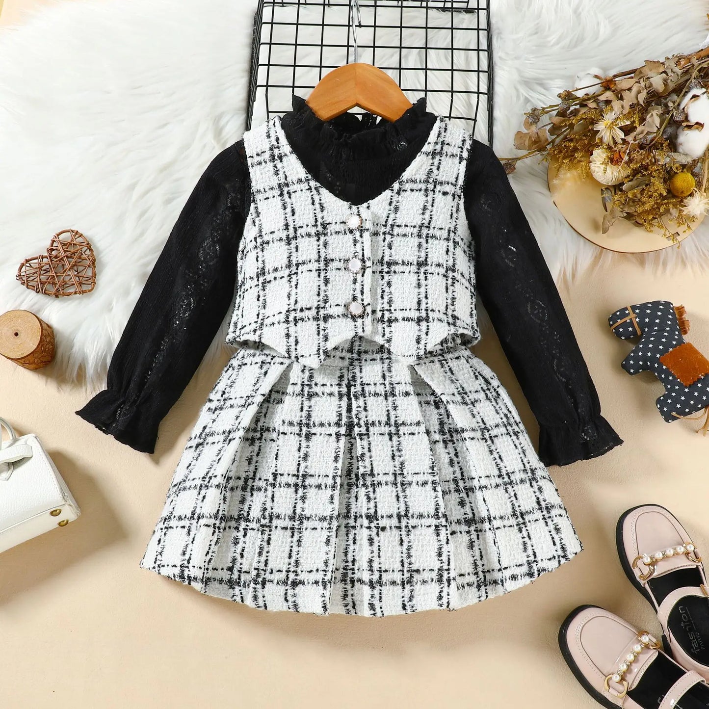 Baby Girl Spring and Autumn High Neck Long sleeved Dress 3 Pcs Set Vest+Base Coat+Short Skirt Children Clothing Age For 2-7 Year