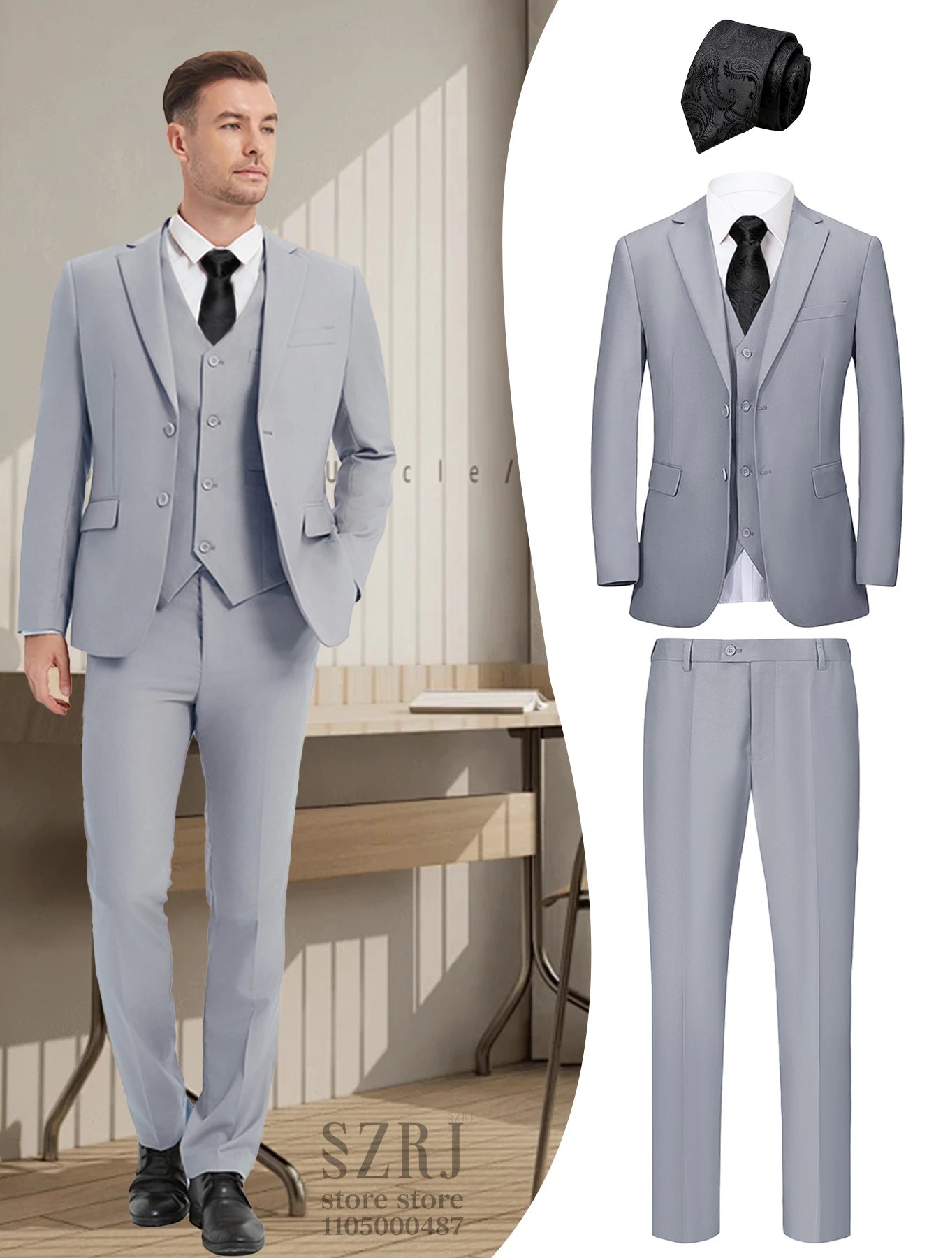 Men's 4-Piece Suit: Jacket+Vest+Pants+Black Tie. V-Neck, Gentleman Style, Premium, Tailored. For Business, Parties, Weddings.