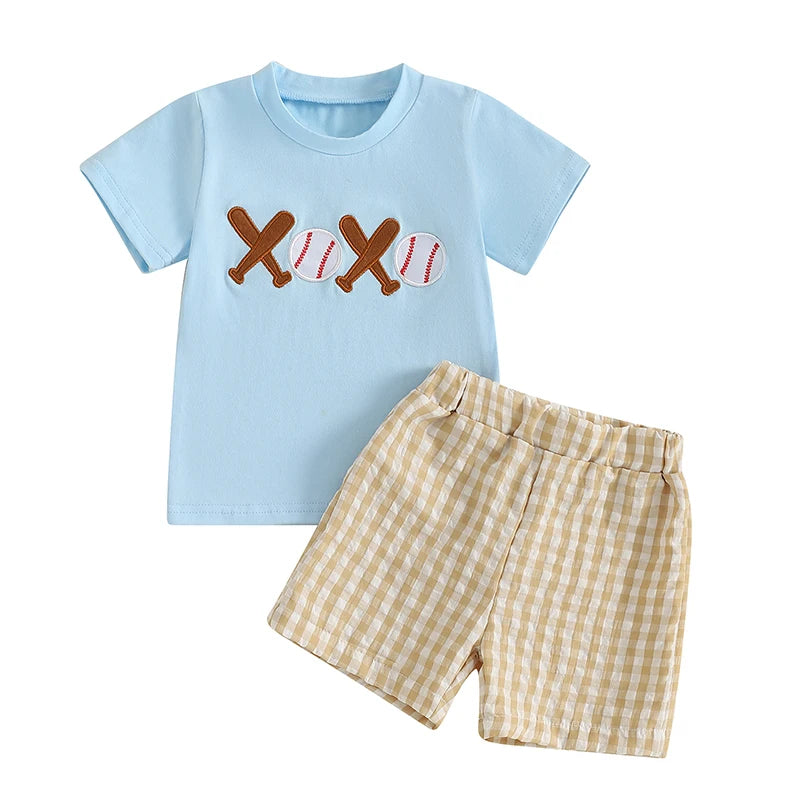 Boys 2-Piece Outfit Set with Embroidered Baseball Tee and Plaid Shorts Elastic Waistband Short Sleeve Top