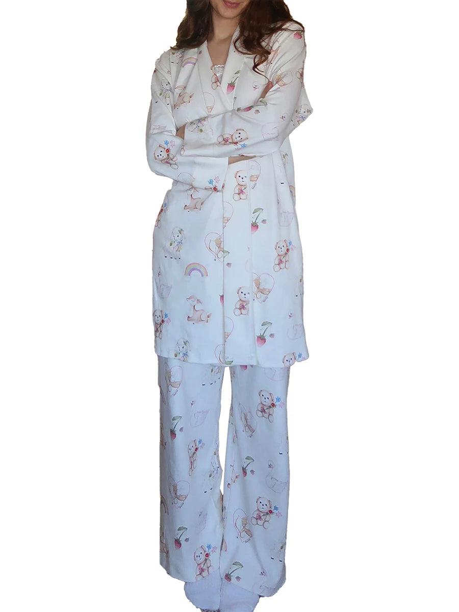 Women’s 2 Piece Weekend Pajama Set Long Sleeve Fruit Cartoon Print Robe Pants Set Loungewear