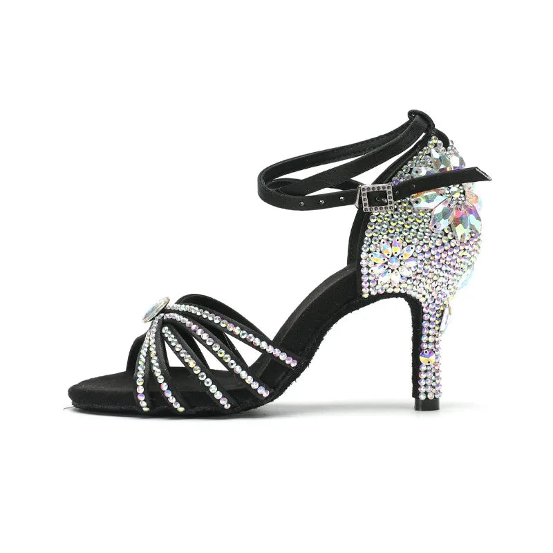 New Diamond Studded Satin High Heels Dance Shoes Fashion Black Brown Crystal Rhinestone Sparkling Latin Dance Performance Shoes