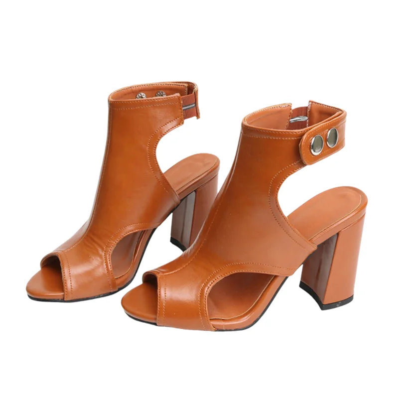 Meotina Women Ankle Strap Sandals Peep Toe Chunky High Heels Sexy Brand Design Ladies Fashion Shoes Summer Brown White Black 46