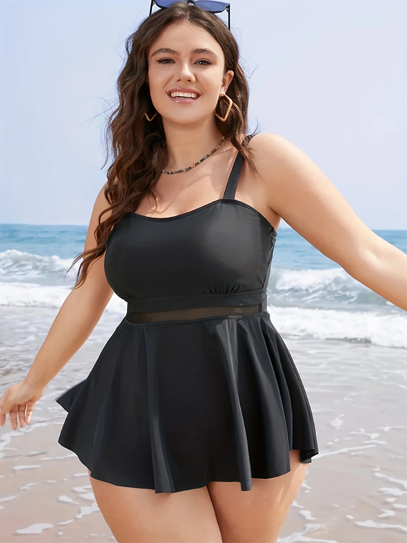 Women's Oversized Tankini Suit, Solid Color, Mesh Stitching, Two-piece Set, Belly Covering, Swimsuit, Holiday Style