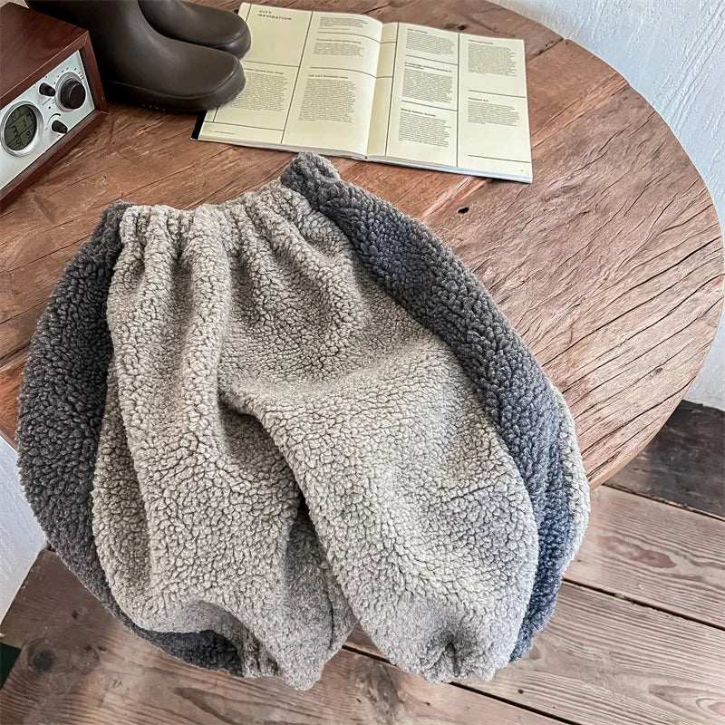 2025 Winter New Children Warm Trousers Baby Loose Lamb Fleece Pants Toddler Girls Casual Pants Solid Baby Boys Harem Pants