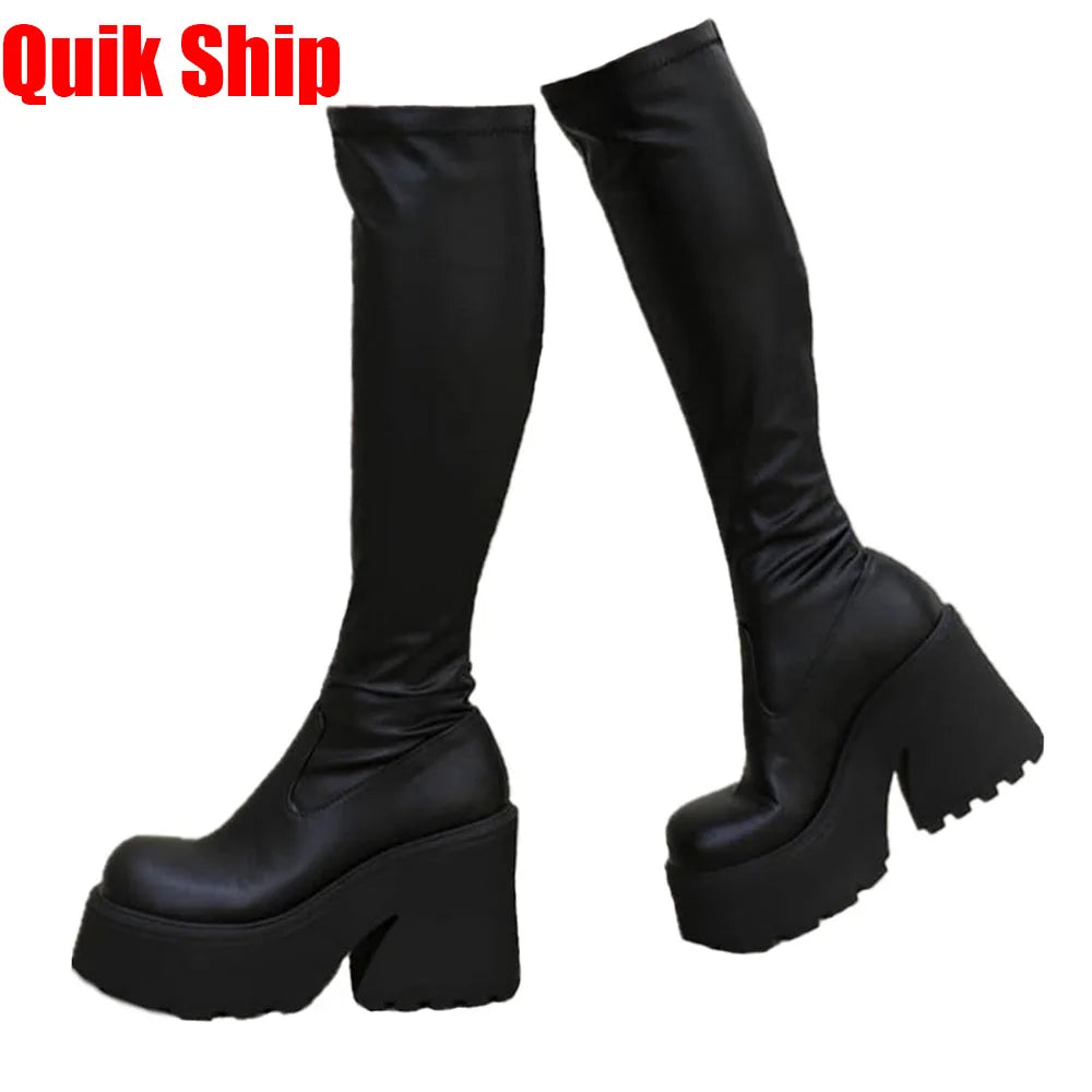 GIGIFOX Chunky High Heeled Punk Platform Boots For Women Round Toe Pull-on Long Boots Knee High Boots For Party Dress Cos Y2K