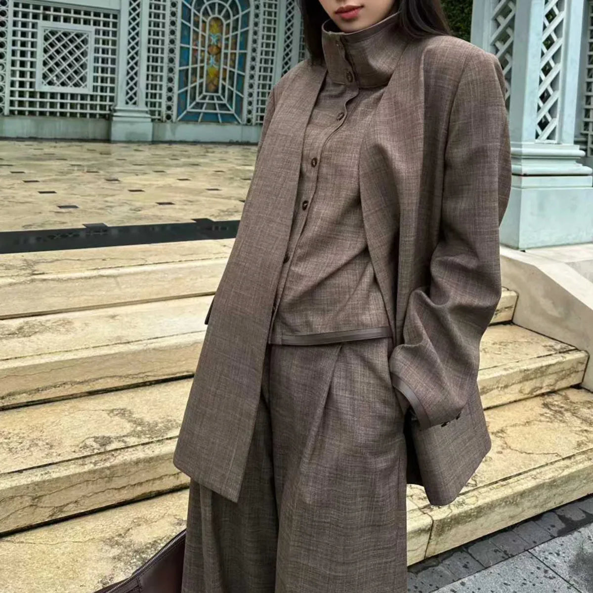 BJTZ Women's 3 Piece Blazer Vest Pants Set Solid Color V Neck Single Breasted High Waist Wide Leg Casual Elegant Spring Autumn