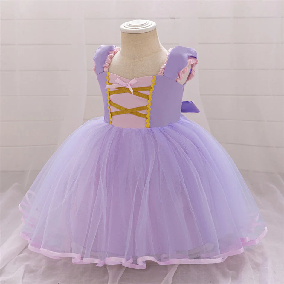 Snow White Rapunzel Sofia Purple Princess Dress Toddler Cosplay Halloween Carnival Party Mesh Gown Girls Birthday Bow Vestidos