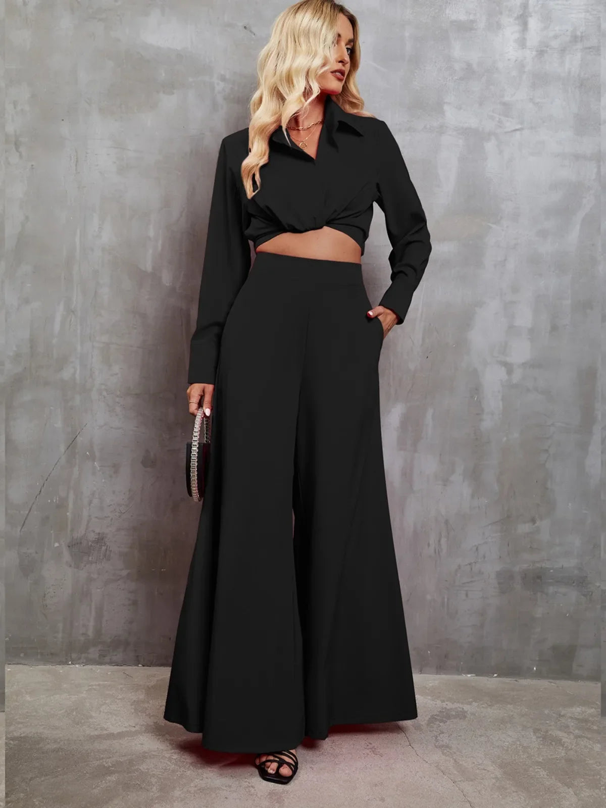 2024 New Women Set Solid Color Long Wide Leg Pants Women's Two-piece Set Fashion Casual Long Sleeves Shirt Jacket Suit Autumn