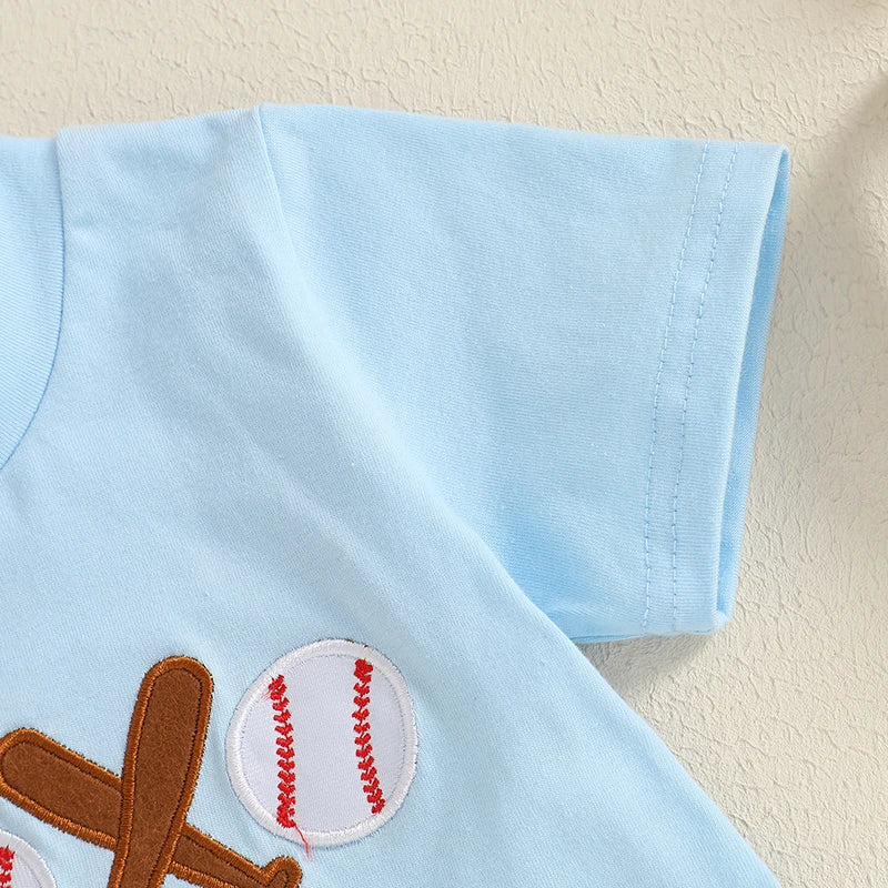 Boys 2-Piece Outfit Set with Embroidered Baseball Tee and Plaid Shorts Elastic Waistband Short Sleeve Top