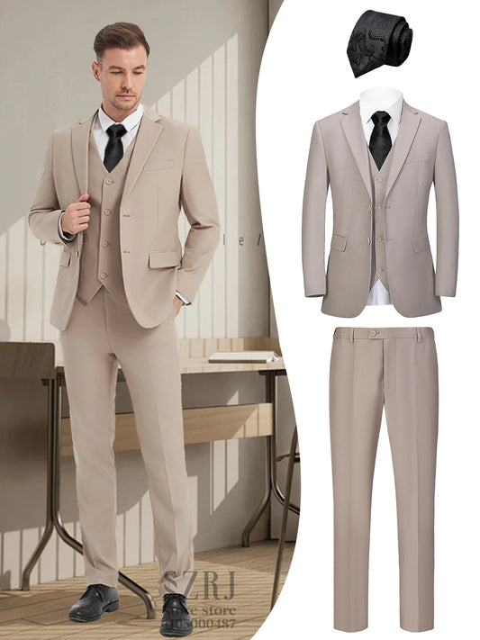 Men's 4-Piece Suit: Jacket+Vest+Pants+Black Tie. V-Neck, Gentleman Style, Premium, Tailored. For Business, Parties, Weddings.