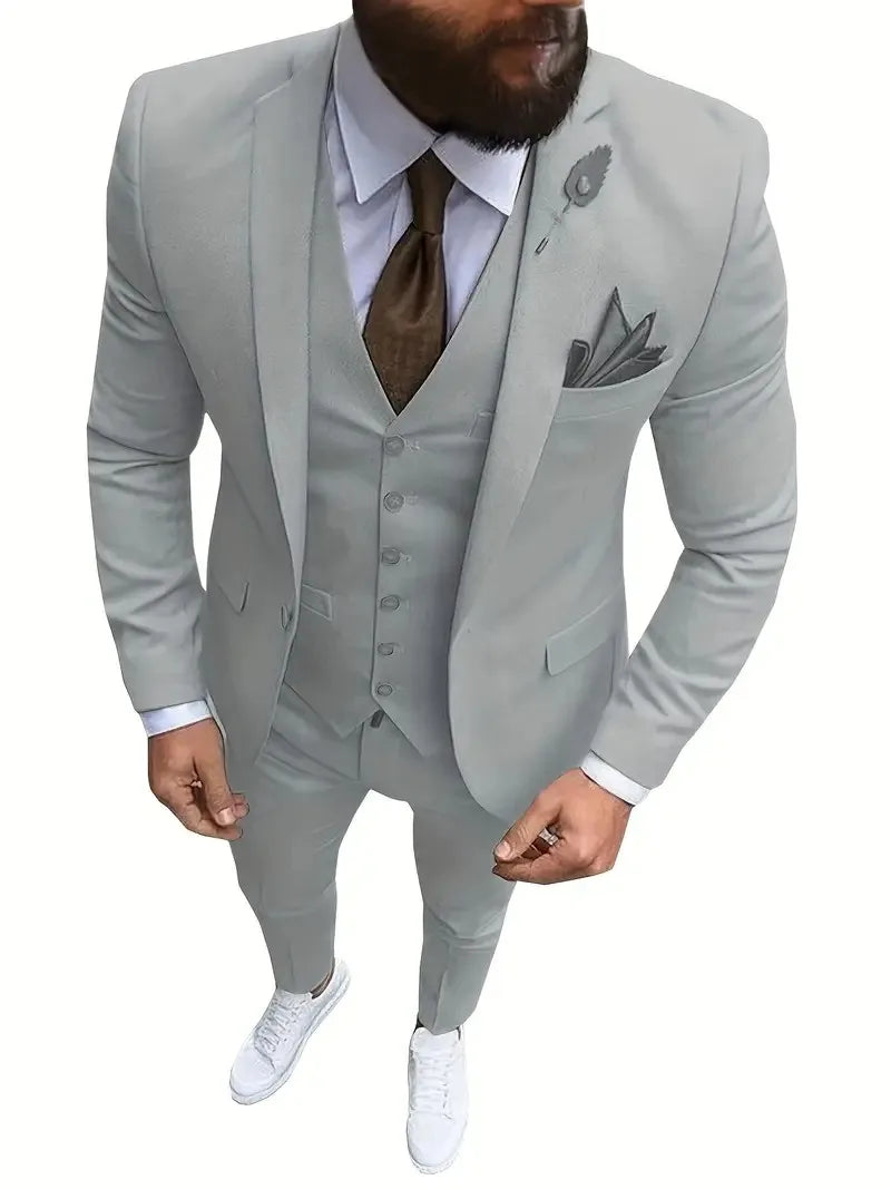 New Men's Suits 3 Pieces Groom Bestman Slim Fit Wedding Prom Party Tuxedo Elegant Formal Events Dress Suit (Blazer+Pants+Vest)