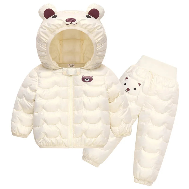 2023 New Children's Winter Set Boys and Girls' Down Coat Cartoon Bear Hooded Coat+Pants Baby Snow Thickened Warm Set 0-5Y