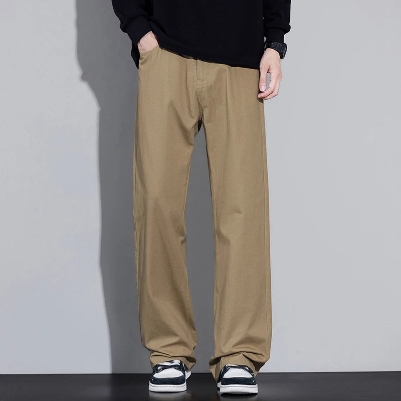100% Cotton Men's Baggy Wide-leg Pants Soft Breathable Loose Straight Casual Trousers Spring Autumn Fashion Korean Streetwear