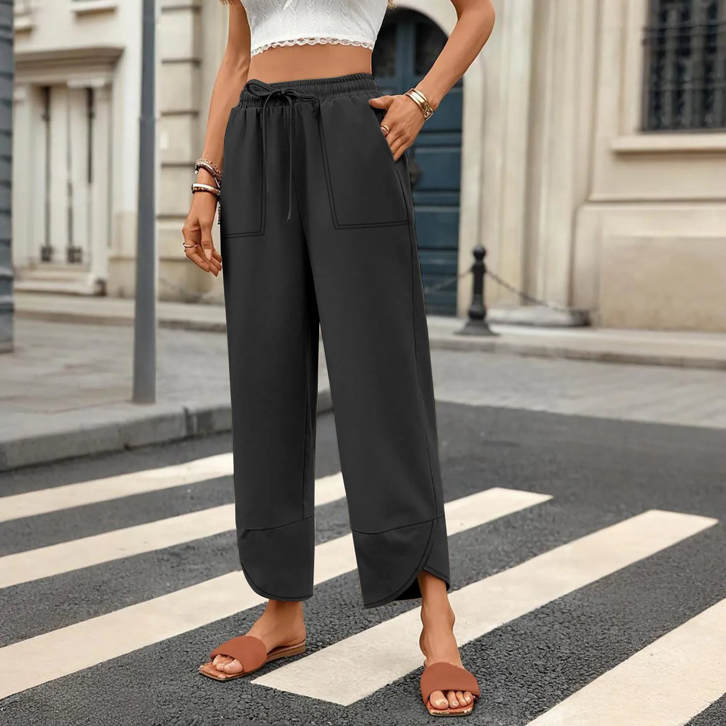 Women'S Fashion Loose Solid Color High Waist With Pockets Athletic Casual Pants Cargo Pants Women Pantalones De Mujer Hot