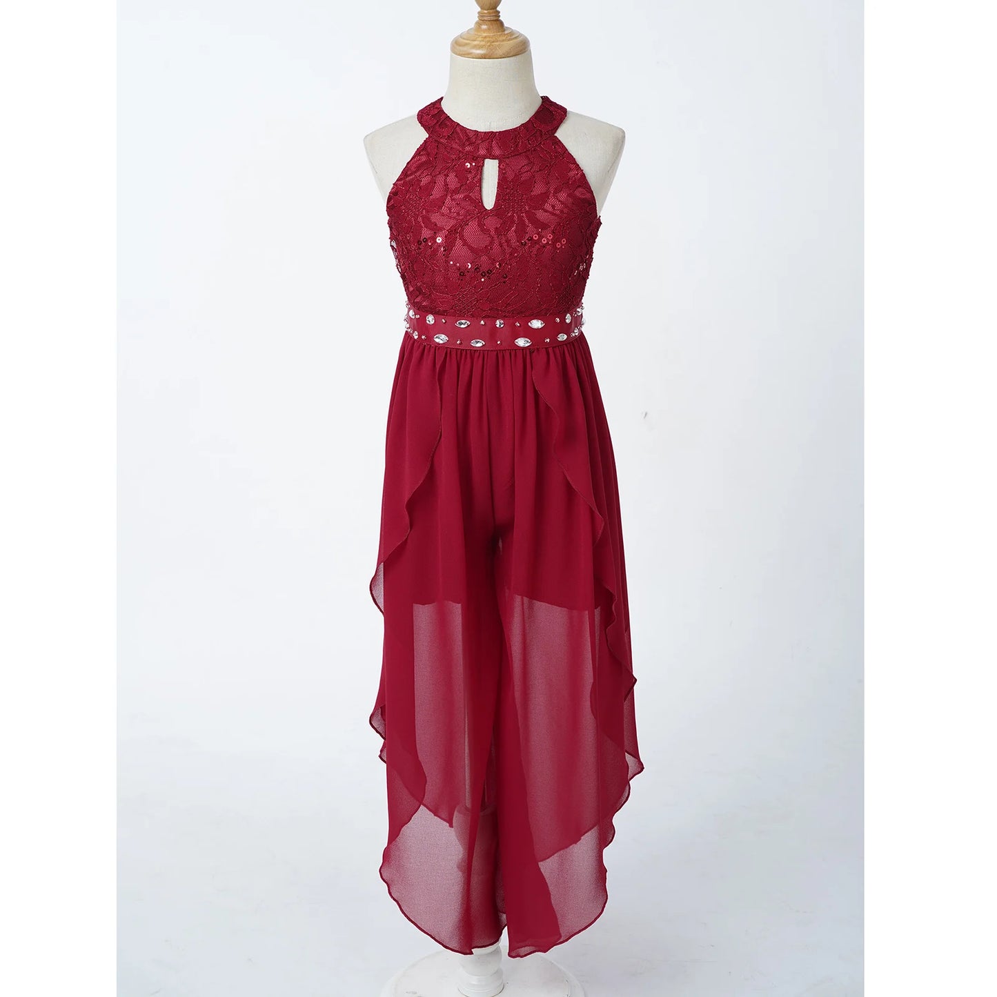 Children's Girls Maxi Romper Dress Sleeveless Floral Lace Rhinestone vestidos Kids Performance Dance Dress Girls Summer Dress