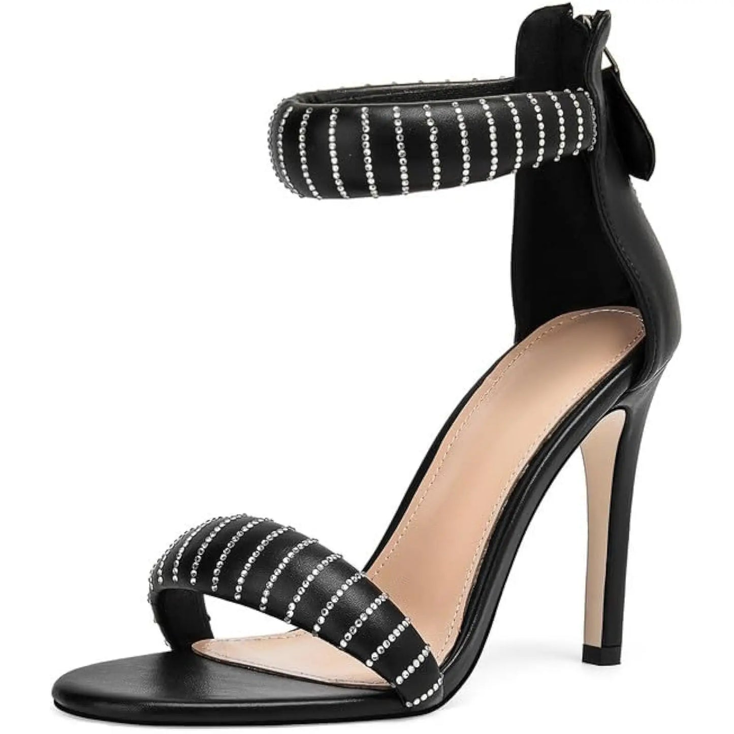 Women's Stiletto Heel Sandals: Ankle Strap with Rhinestone Detail and Back Zipper – Round Open Toe High Heels for Proms and Part