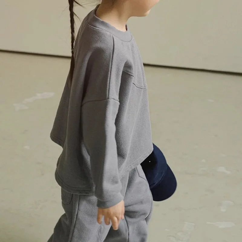 2025 Winter New Children Plus Velvet Thick Clothes Set Solid Boys Girls Fleece Sweatshirt + Pants 2pcs Suit Kids Warm Outfits