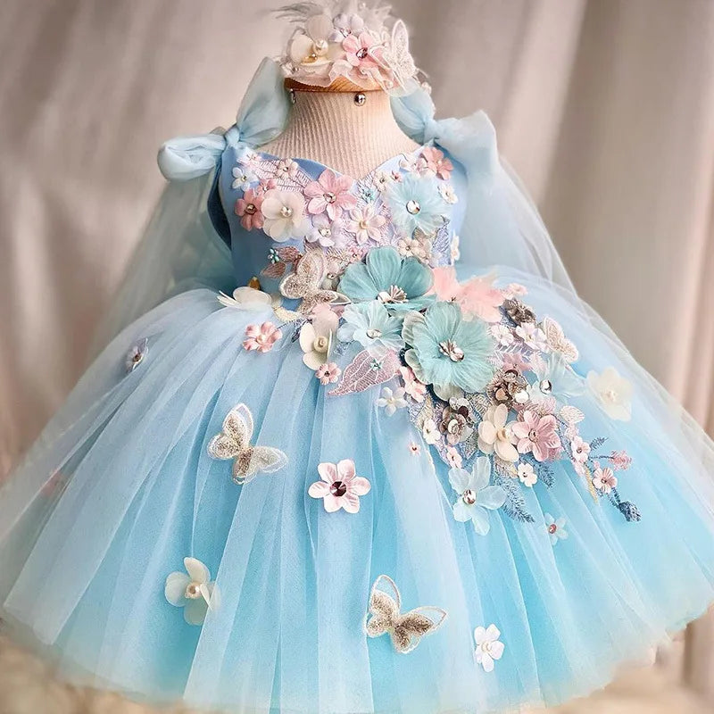 Luxurious and Elegant Flower Girl Princess Dress Mesh Formal Christmas Fluffy Dress Lolita Butterfly Girl Birthday Party Dress