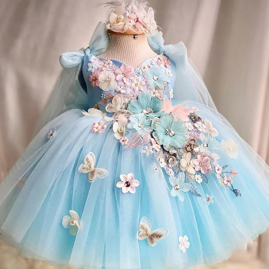 Luxurious and Elegant Flower Girl Princess Dress Mesh Formal Christmas Fluffy Dress Lolita Butterfly Girl Birthday Party Dress