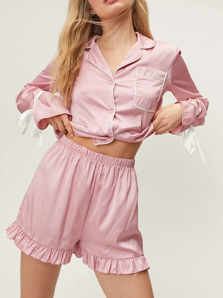 Women Pajama Set Long Sleeve Tie-up Contrast Color Shirt with Shorts Sleepwear Loungewear