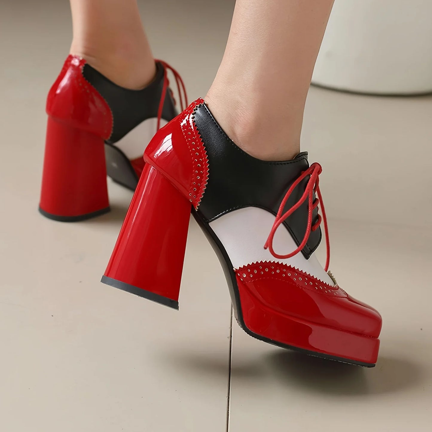 Women's Square Toe Lace-Up Brogue Pumps Fashion Block High Heels Mixed Colors Patchwork British Style Pumps Woman Oxford Shoes