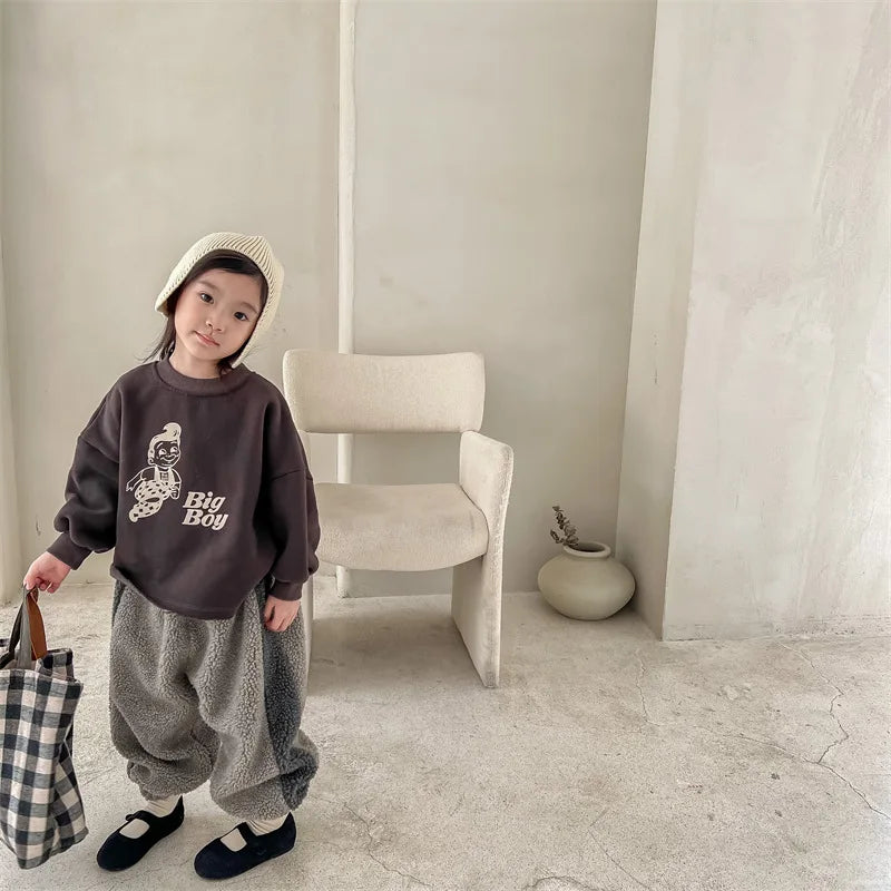 2025 Winter New Children Warm Trousers Baby Loose Lamb Fleece Pants Toddler Girls Casual Pants Solid Baby Boys Harem Pants