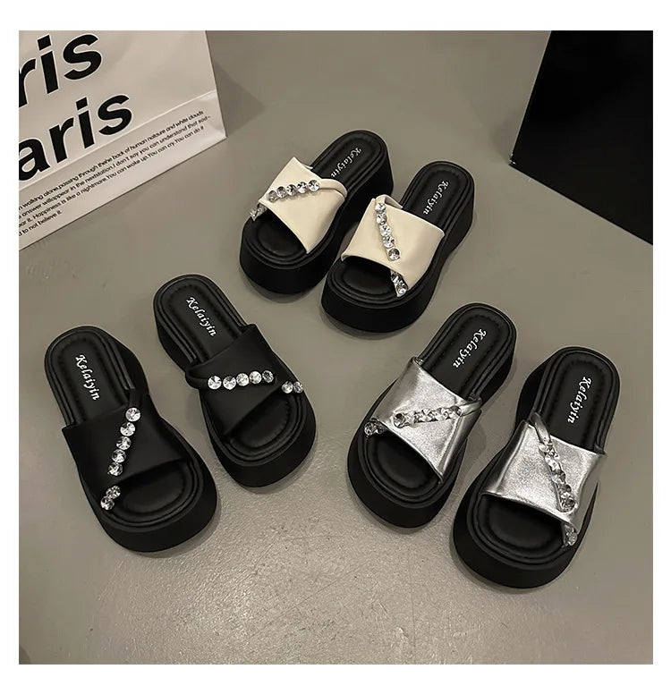 2024 Rhinestones Summer Sandals for Women Fashion Outdoor Wear Slippers high-end Thick Soled Shoes Ladies Elegant Beach Sandals