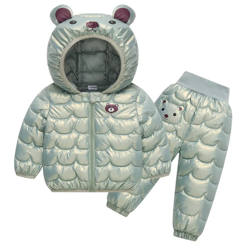 2023 New Children's Winter Set Boys and Girls' Down Coat Cartoon Bear Hooded Coat+Pants Baby Snow Thickened Warm Set 0-5Y