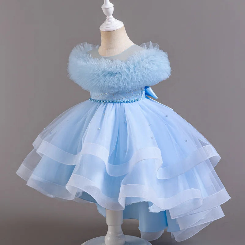 Fashion Solid Color Girl Evening Gown Lace Mesh Sleeveless Party Dress for Kids Girl Summer Children Girls Party Dress 3-12Years