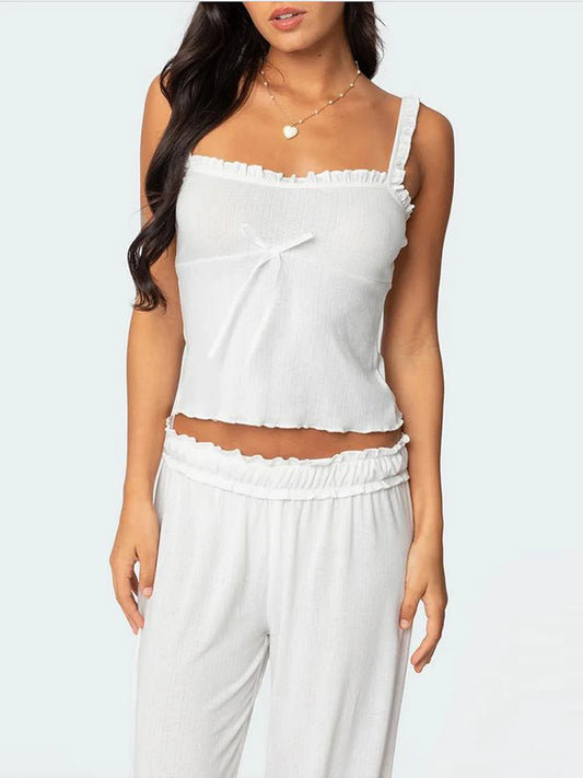 Women s 2-Piece Pajama Set with Lace Trim Square Neck Cami Top and Long Pants Cute Bow Detail Lounge Outfit