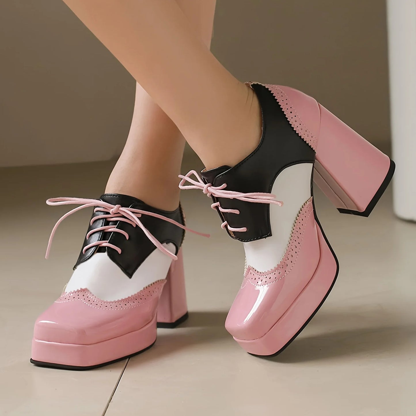 Women's Square Toe Lace-Up Brogue Pumps Fashion Block High Heels Mixed Colors Patchwork British Style Pumps Woman Oxford Shoes