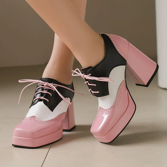 Women's Square Toe Lace-Up Brogue Pumps Fashion Block High Heels Mixed Colors Patchwork British Style Pumps Woman Oxford Shoes
