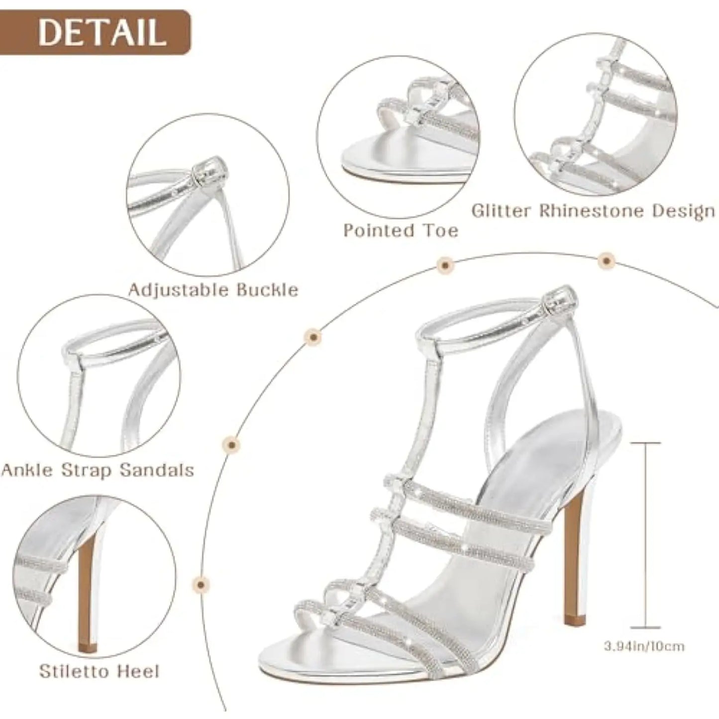 Silver Sparkly Rhinestone Sandals for Women: High Heeled with Ankle Strap, Peep Open Pointed Toe Stilettos – Comfortable Wedding