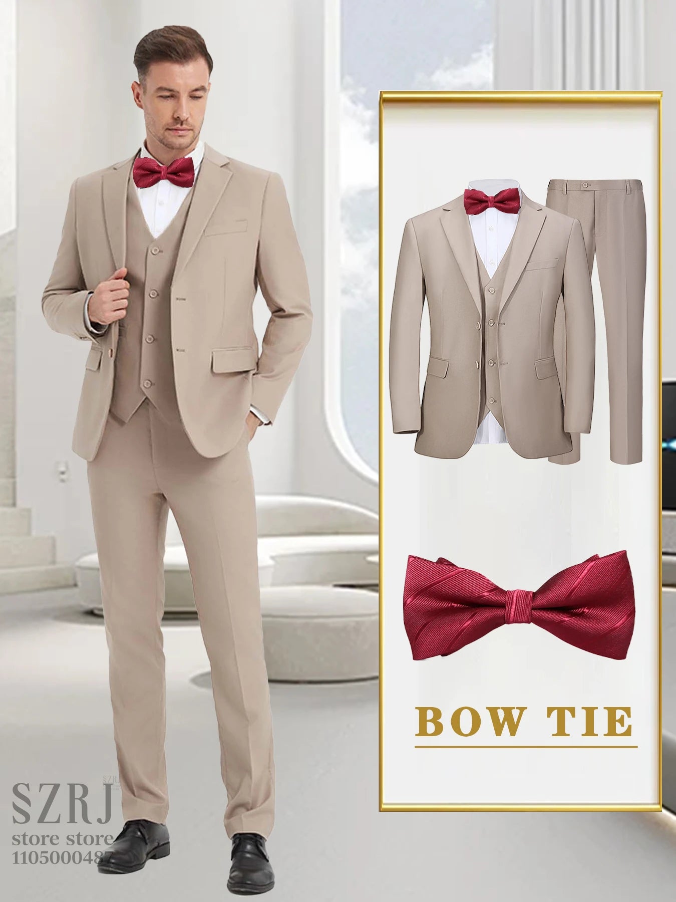 4-piece men's suit: jacket+vest+pants+red tie, comfortable fabric, exquisite cutting, suitable for weddings/business/banquets